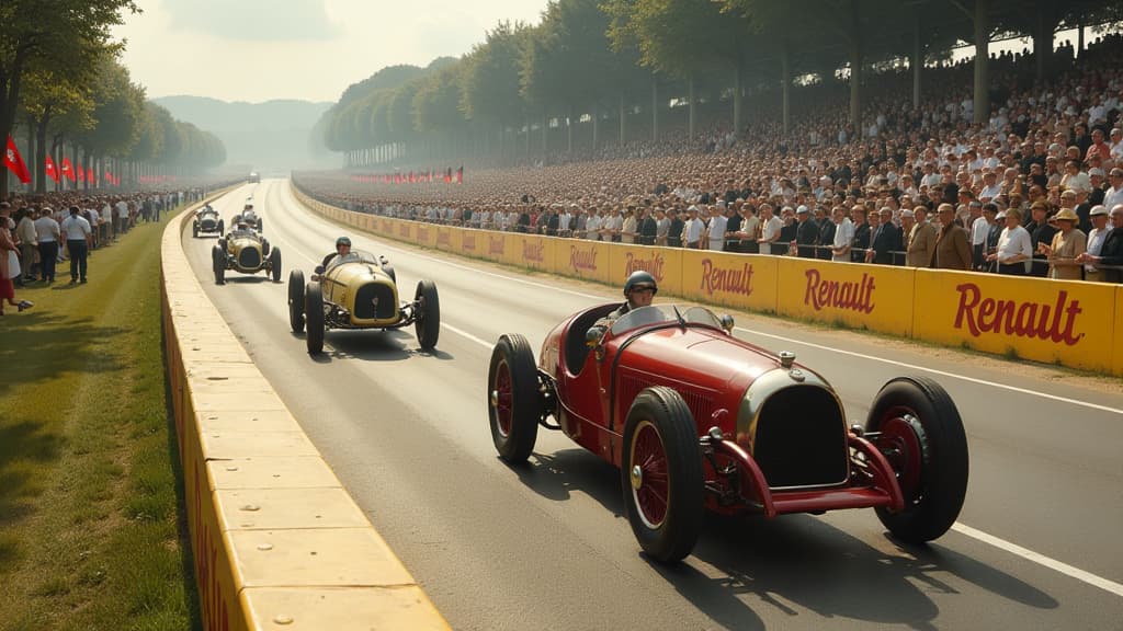  create an ultra realistic image of a historical motorsport event at the 1900 paris olympics. show a bustling race track with vintage cars from major brands like renault and panhard. capture the excitement of the crowd as they cheer on the drivers in various vehicle categories. include detailed depictions of electric vehicles and scenes from the paris toulouse paris race, highlighting renault's dominance. ensure the presence of olympic symbols and logos to emphasize the connection between motorsp