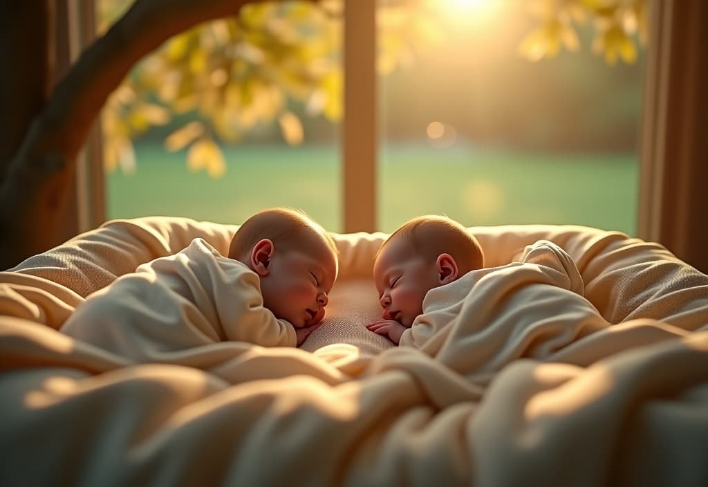  hyperrealistic art two newborn babies sleep in a bed under a new day's tree. the heat of the light. . extremely high resolution details, photographic, realism pushed to extreme, fine texture, incredibly lifelike hyperrealistic, full body, detailed clothing, highly detailed, cinematic lighting, stunningly beautiful, intricate, sharp focus, f/1. 8, 85mm, (centered image composition), (professionally color graded), ((bright soft diffused light)), volumetric fog, trending on instagram, trending on tumblr, HDR 4K, 8K