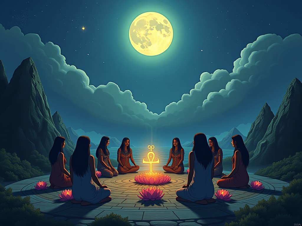  ankh shaped gathering area, adorned with lotus flowers, under the full moon, individuals sharing their paths of growth and discovery, moonlight symbolizing unity and exploration. the style is digital art illustration / modern comic book / mysterious occult, symbolic, esoteric vibe,high detail on character design, incorporating ancient egyptian symbology and attire.