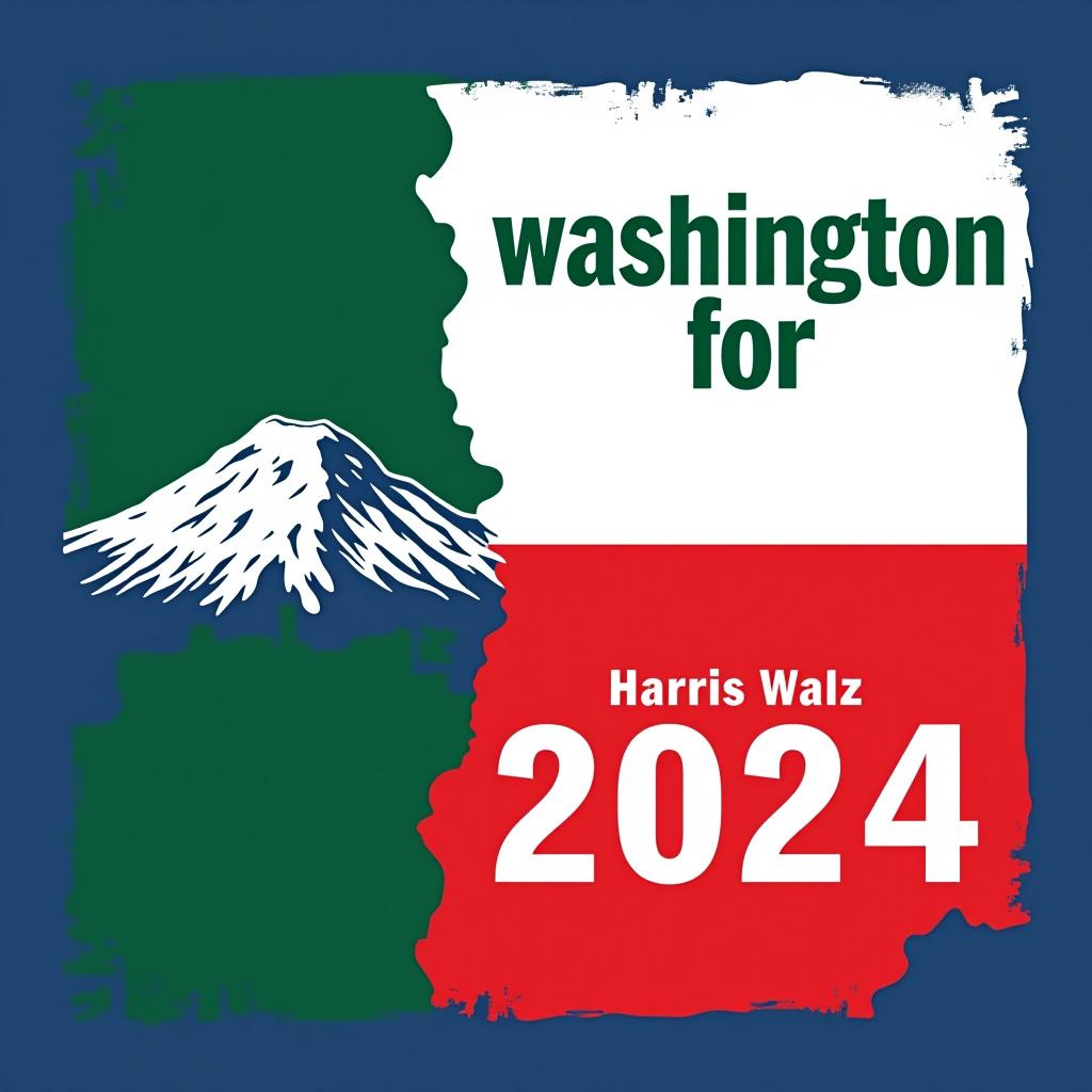  a tshirt design inspired by the washington state flag. the left side features a green vertical stripe with a large mountain in the center. the right side is divided into two horizontal sections: the top section is white with the text 'washington for' in bold, green, uppercase letters, and the bottom section is red with the text 'harris walz 2024' in bold, white, uppercase letters. the overall layout is clean and straightforward, with a clear and patriotic color scheme of blue, white, and red.