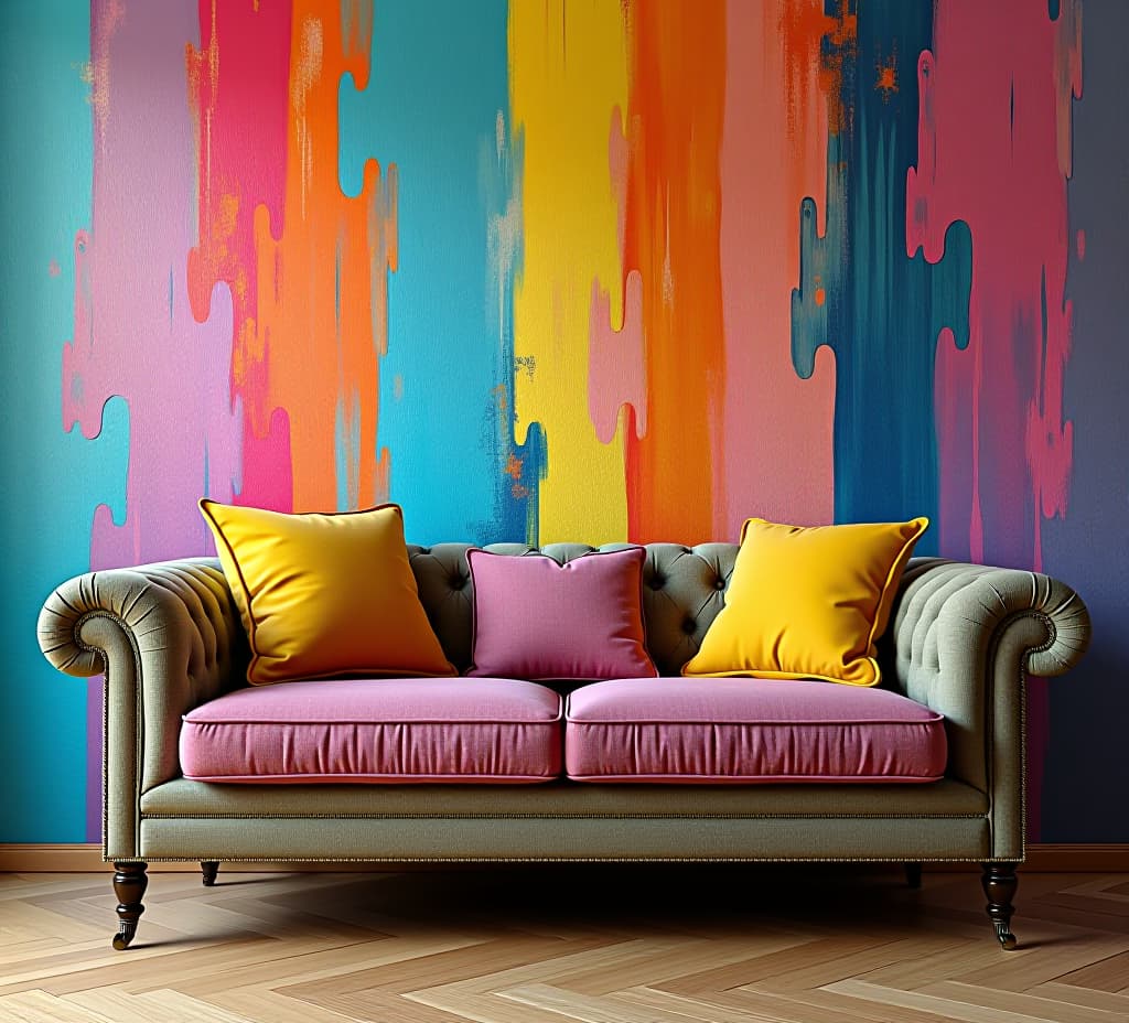  a colorful couch is sitting in front of a colorful wall