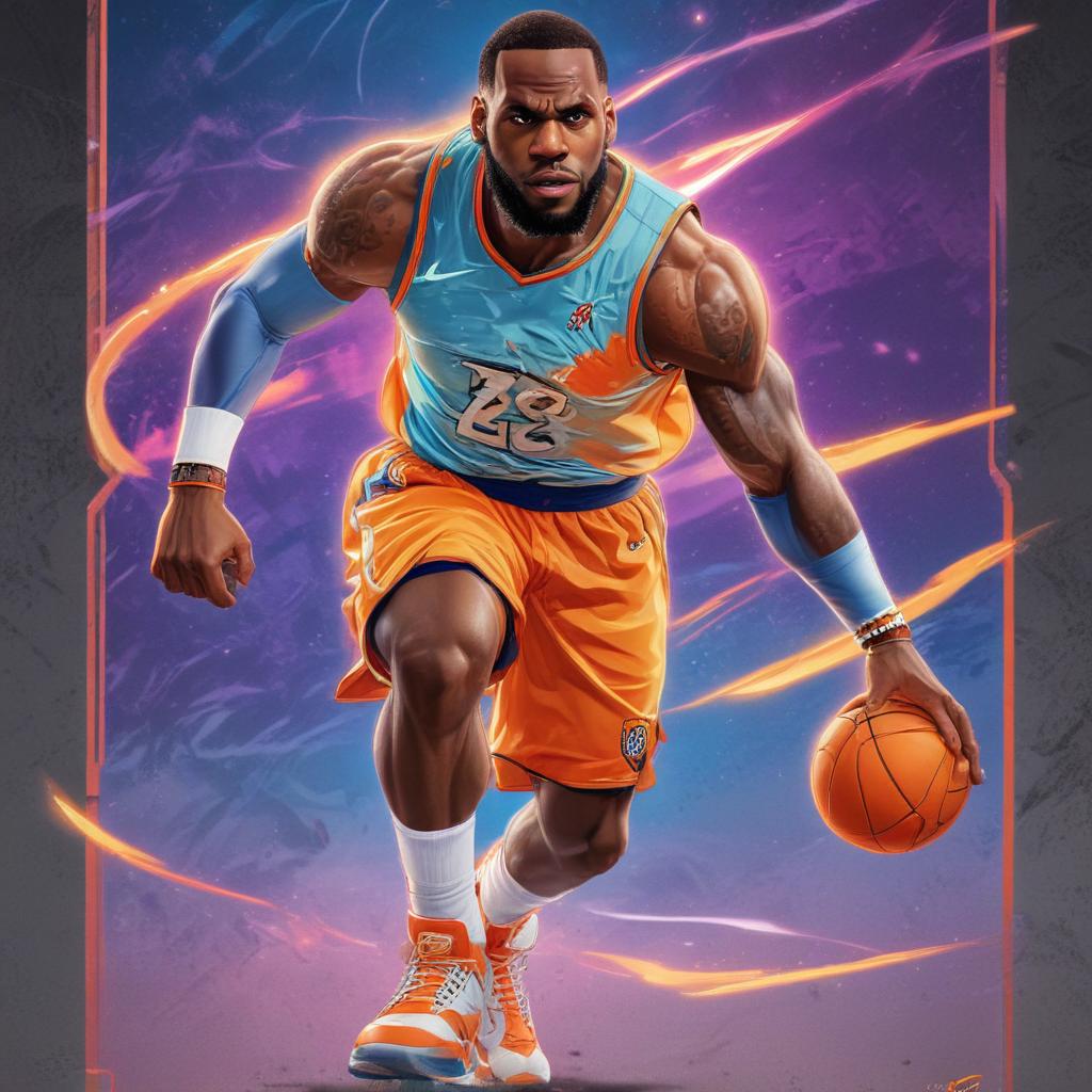 distance-shot, flashy, full-body, dynamic, holographic, animated cartoon poster of lebron james in the style of dragon ball super