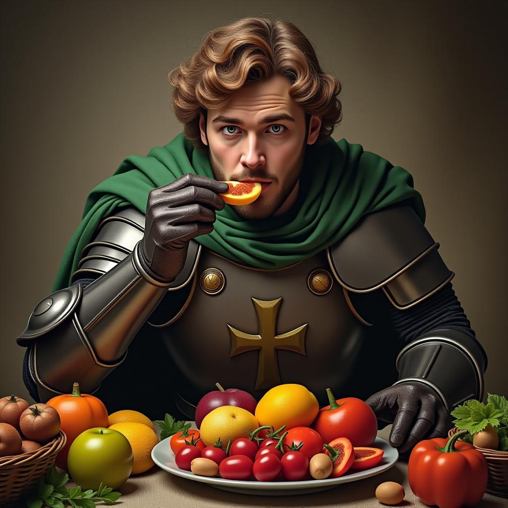  make an image of a man with brown hair in full armor wearing green eating a feast full of fruits and vegetables