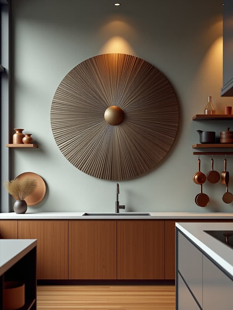  high quality portrait photo of a modern kitchen wall featuring a large, abstract metal wall sculpture, flanked by sleek floating shelves with minimalist pottery and a row of hanging copper pots and pans hyperrealistic, full body, detailed clothing, highly detailed, cinematic lighting, stunningly beautiful, intricate, sharp focus, f/1. 8, 85mm, (centered image composition), (professionally color graded), ((bright soft diffused light)), volumetric fog, trending on instagram, trending on tumblr, HDR 4K, 8K