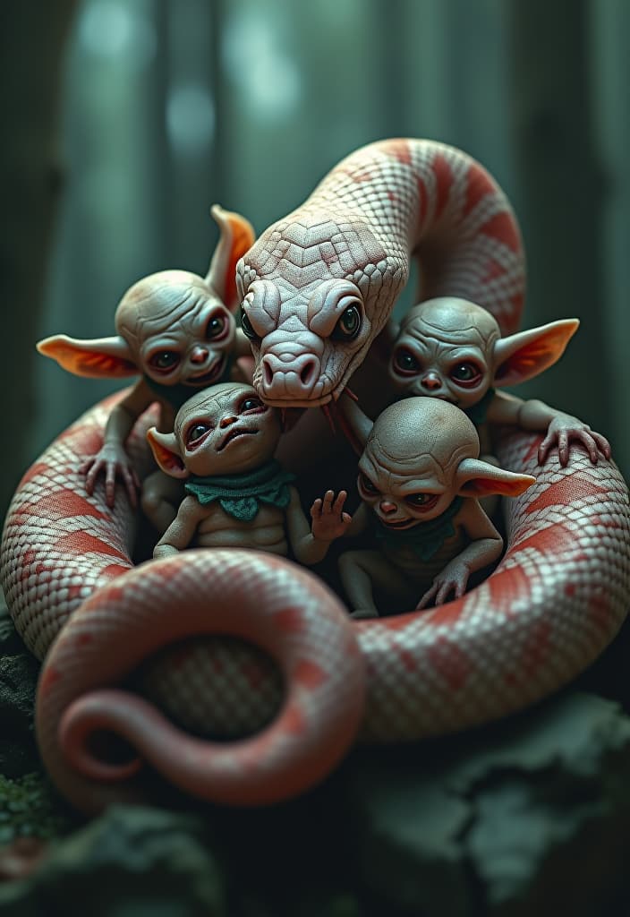  horror themed disgusting, dirty goblins crowded around the body of a large and long graceful white pink snake. the goblins scratch and bite the snake's tender body. the snake wriggles in coils. the goblins cling to the coils of the snake's body. . eerie, unsettling, dark, spooky, suspenseful, grim, highly detailed hyperrealistic, full body, detailed clothing, highly detailed, cinematic lighting, stunningly beautiful, intricate, sharp focus, f/1. 8, 85mm, (centered image composition), (professionally color graded), ((bright soft diffused light)), volumetric fog, trending on instagram, trending on tumblr, HDR 4K, 8K