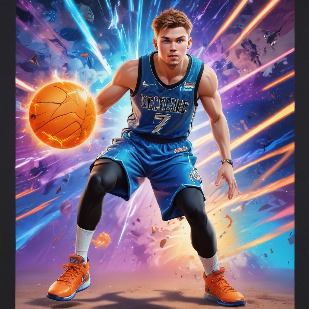 distance-shot, flashy, full-body, dynamic, holographic, animated cartoon poster of luka doncic in the style of dragon ball super