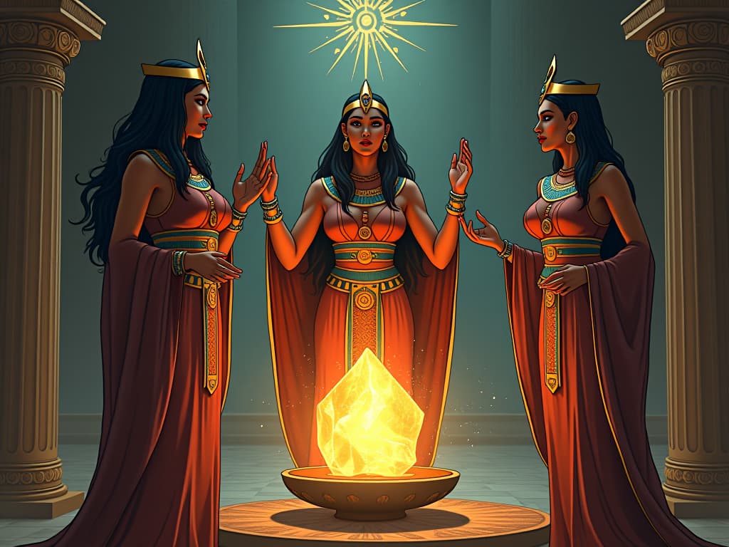  three large busted priestesses in form fitting gowns, performing a ritual around a glowing crystal, energies dancing, showing the intricate dance of energies and possibilities, mood of sacred connection and potential. the style is digital art illustration / modern comic book / mysterious occult, symbolic, esoteric vibe,high detail on character design, incorporating ancient egyptian symbology and attire.