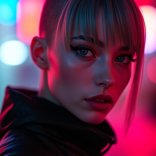  ultra realistic close up portrait ((beautiful pale cyberpunk female with heavy black eyeliner)), blue eyes, shaved side haircut, hyper detail, cinematic lighting, magic neon, dark red city, canon eos r3, nikon, f/1.4, iso 200, 1/160s, 8k, raw, unedited, symmetrical balance, in frame, 8k hyperrealistic, full body, detailed clothing, highly detailed, cinematic lighting, stunningly beautiful, intricate, sharp focus, f/1. 8, 85mm, (centered image composition), (professionally color graded), ((bright soft diffused light)), volumetric fog, trending on instagram, trending on tumblr, HDR 4K, 8K