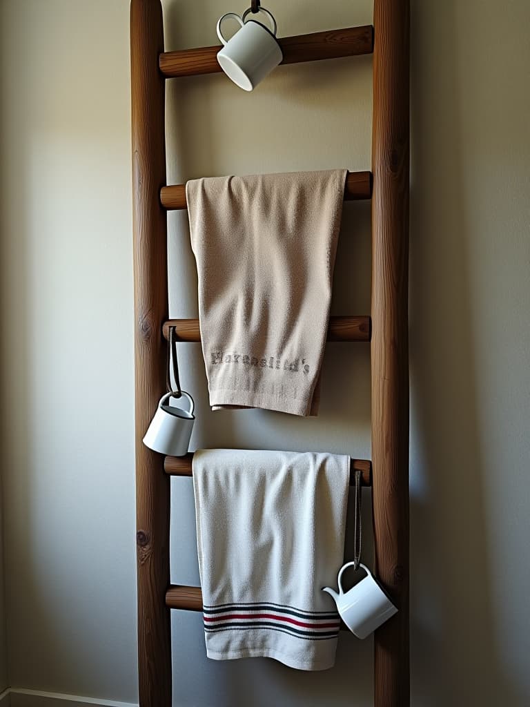  high quality portrait photo of a rustic wooden ladder leaning against a wall, used as a towel rack with vintage tea towels and enamelware mugs hanging from its rungs hyperrealistic, full body, detailed clothing, highly detailed, cinematic lighting, stunningly beautiful, intricate, sharp focus, f/1. 8, 85mm, (centered image composition), (professionally color graded), ((bright soft diffused light)), volumetric fog, trending on instagram, trending on tumblr, HDR 4K, 8K