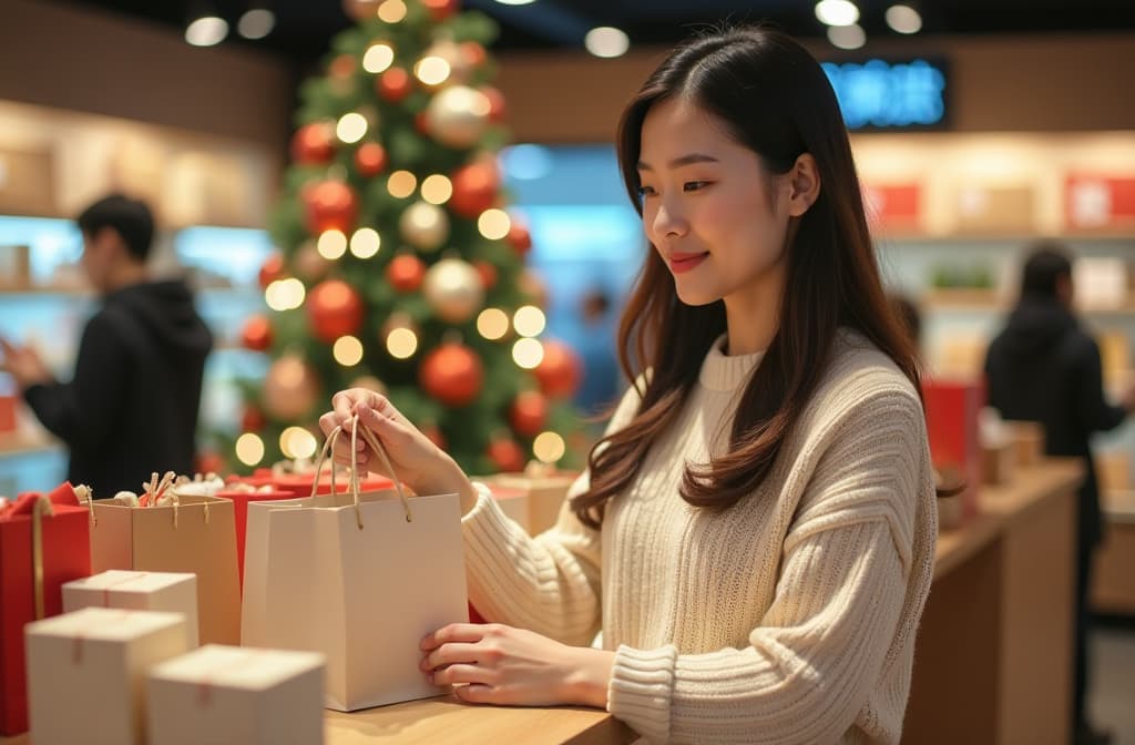  advertising style, stock photo, corporate branding style asian woman in sweaters with craft bags at checkout in store. christmas tree blurred in background . professional, clean, modern, product focused, commercial, eye catching, minimalist, business oriented, highly detailed