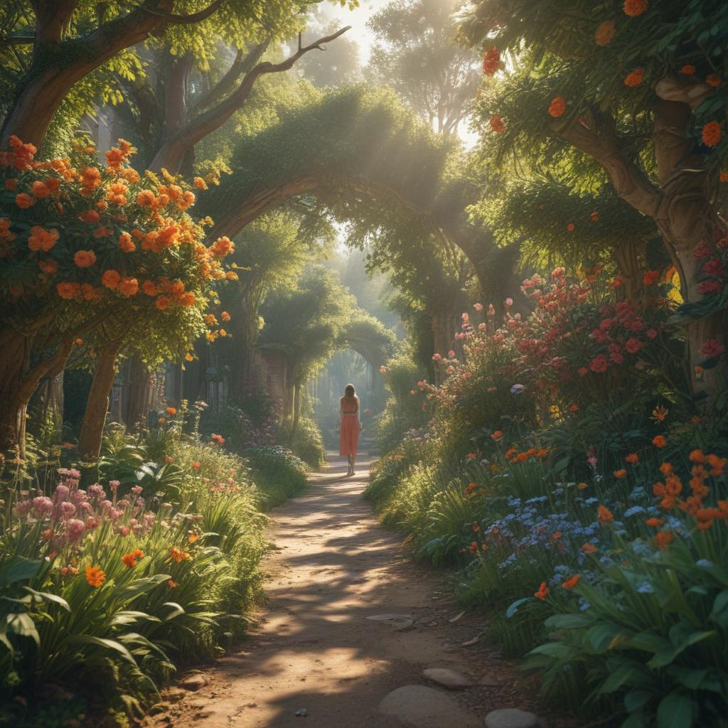 ((masterpiece)),(((best quality))), 8k, high detailed, ultra detailed,A enchanted garden setting, (blooming flowers), (butterflies fluttering), (hidden pathways), (sunlight streaming through trees) hyperrealistic, full body, detailed clothing, highly detailed, cinematic lighting, stunningly beautiful, intricate, sharp focus, f/1. 8, 85mm, (centered image composition), (professionally color graded), ((bright soft diffused light)), volumetric fog, trending on instagram, trending on tumblr, HDR 4K, 8K