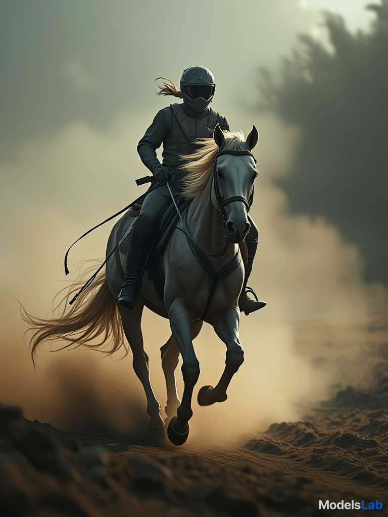  riding horse 150 km per hour, realistic version 4k no demage hyperrealistic, full body, detailed clothing, highly detailed, cinematic lighting, stunningly beautiful, intricate, sharp focus, f/1. 8, 85mm, (centered image composition), (professionally color graded), ((bright soft diffused light)), volumetric fog, trending on instagram, trending on tumblr, HDR 4K, 8K