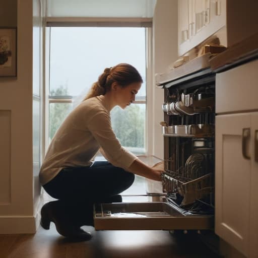 A photo of a skilled technician repairing a dishwasher in a sleek, modern kitchen during the early evening with warm, soft ambient lighting filtering through large windows, casting a gentle glow on the scene.