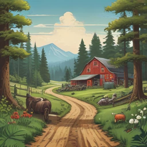 Farm To Explore in Comic Art style with Forests background