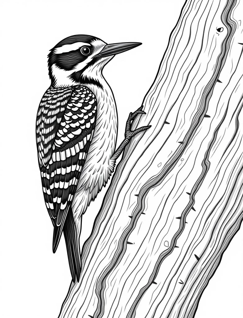  this is for an adult coloring page. a detailed black and white line art of a snowy woodpecker on a snow covered tree trunk on a solid white background.