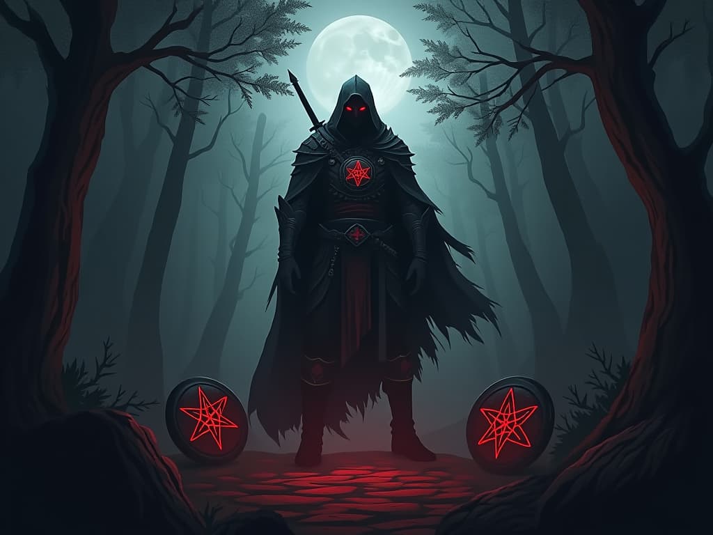  a resilient warrior standing tall, surrounded by symbolic shields of strength and resilience, dark forest background, moonlight filtering through dense trees. the style is dark fantasy and mysterious occult, symbolic, moody lighting, esoteric vibe,high detail on character design. for the color scheme emphasize blacks and reds.