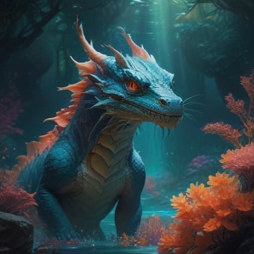 In a serene underwater kingdom, a majestic water dragon emerges from the depths, surrounded by a shimmering aura. Its scales shine like crystal, reflecting the colorful coral around it. A trio of ethereal spirits, each with the form of a mystical wolf, materialize beside the dragon, ready to aid in battle. The scene is both powerful and peaceful, capturing the essence of unity and strength. fantastical creatures or characters inspired by mythology, folklore, or popular culture. use vibrant colors, sharp lines, intricate details, dynamic poses, dramatic lighting, atmospheric backgrounds, and blend anime, manga, and Western comic influences.