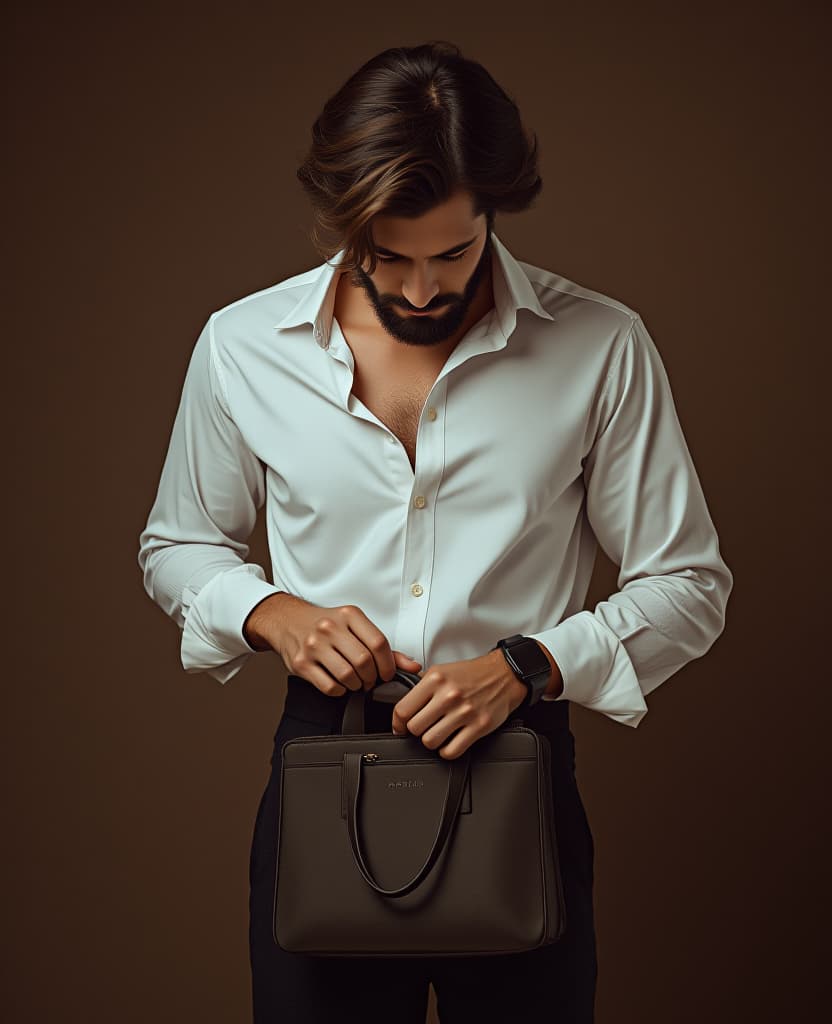  man, wearing a white shirt around his waist, dark brown background, model, putting into a bag