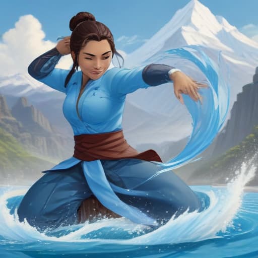 A picture of Katara using her waterbending skills in Mythological style with Mountains background