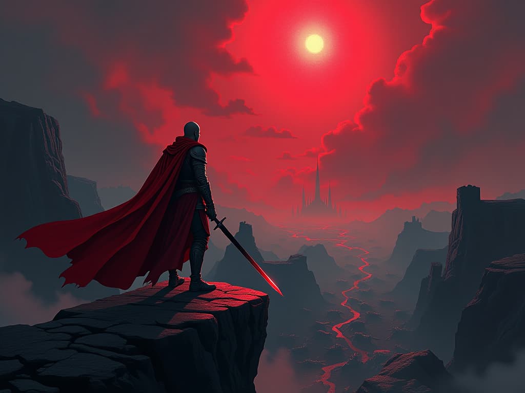  mystical warrior in red armor, standing on a cliff overlooking a battlefield, sword raised, celestial light highlighting strength, backdrop of fallen enemies. the style is digital art illustration / modern comic book / graphic dark novel fantasy and mysterious occult, symbolic, moody lighting, esoteric vibe,high detail on character design. for the color scheme emphasize blacks and reds.