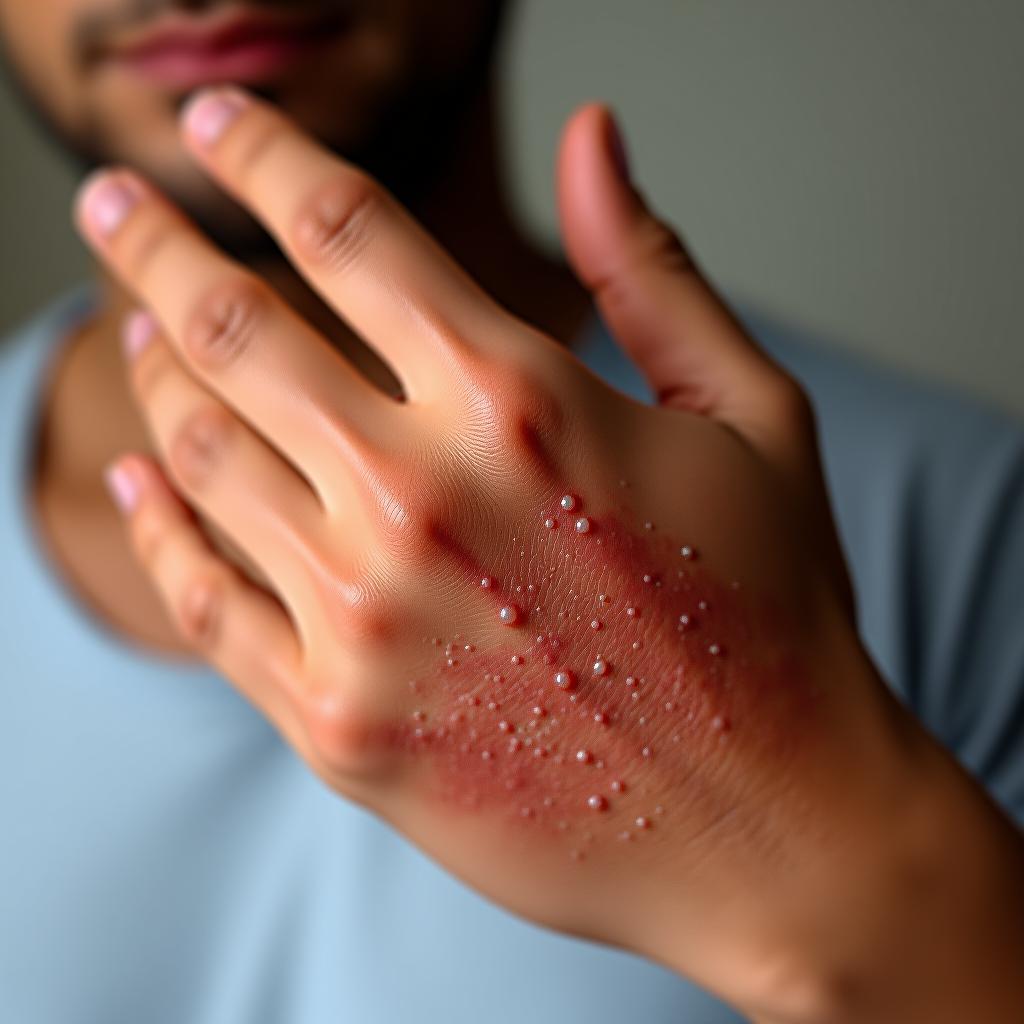  a guy with psoriasis on his hand.