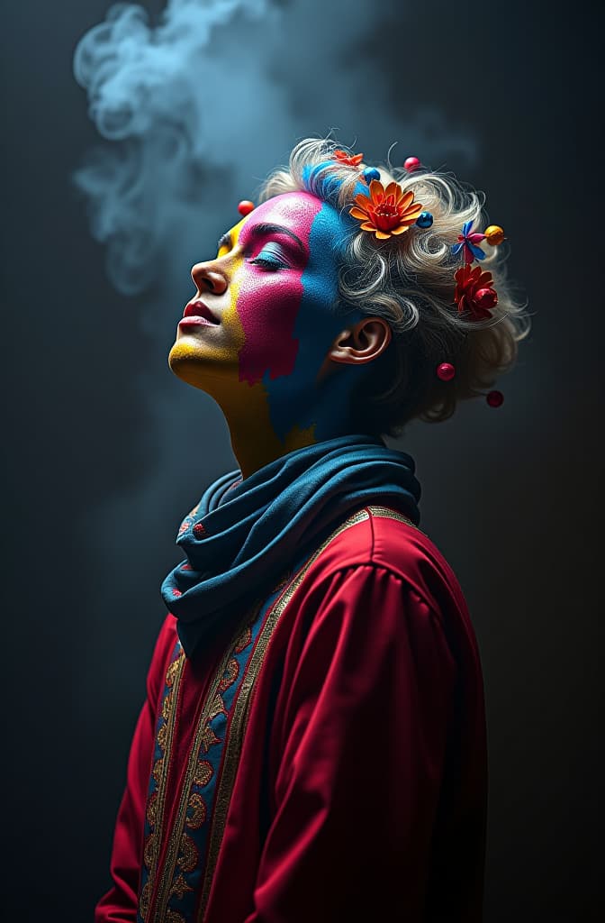  a dark background filled with colourful paint and spheres hyperrealistic, full body, detailed clothing, highly detailed, cinematic lighting, stunningly beautiful, intricate, sharp focus, f/1. 8, 85mm, (centered image composition), (professionally color graded), ((bright soft diffused light)), volumetric fog, trending on instagram, trending on tumblr, HDR 4K, 8K