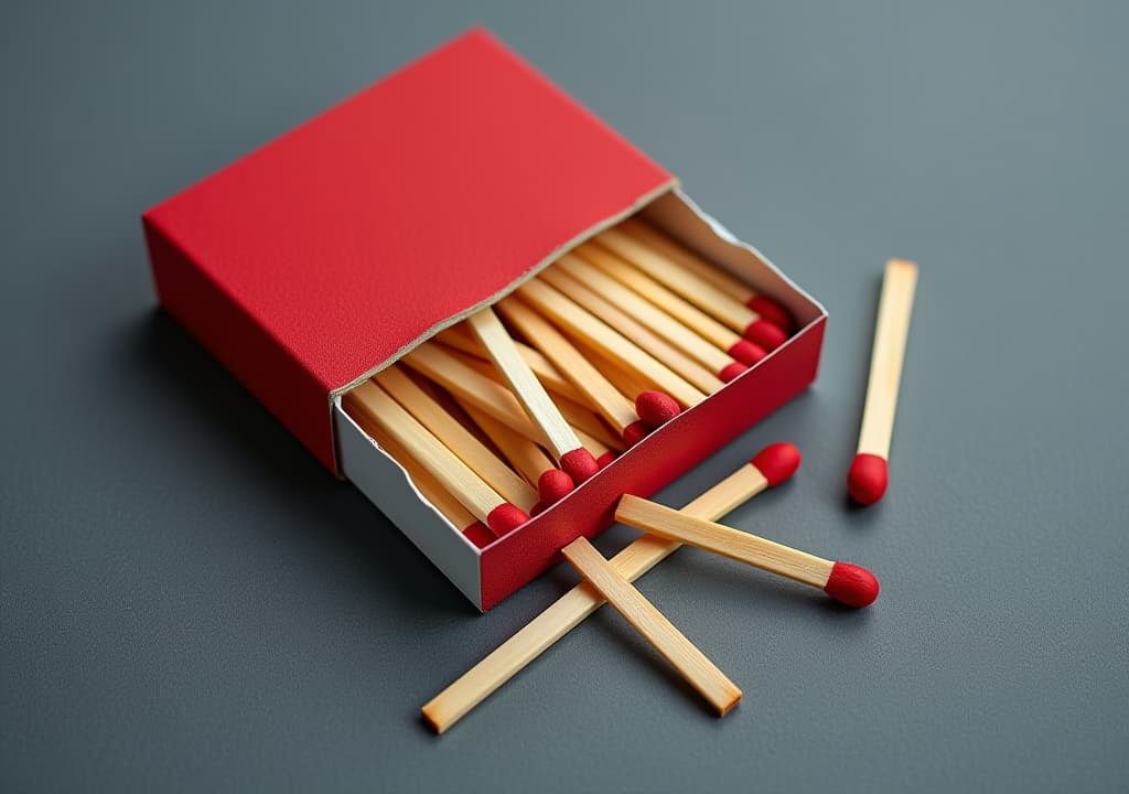  open matchbox full of matches lying on gray background