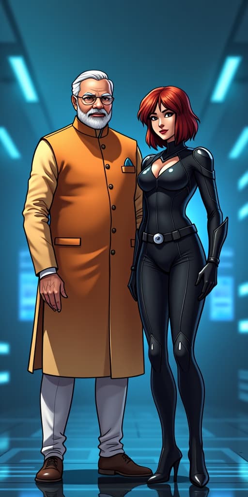  anime, anime sytle, anime image, cartoon, real cartoon, real anime, a realistic portrait of bruce wayne dressed in traditional narendra modi attire, featuring a finely tailored kurta and vest, standing confidently beside a black widow like character in her tactical black suit. they are in a high tech marvel inspired environment, with bright blue holographic displays surrounding them.