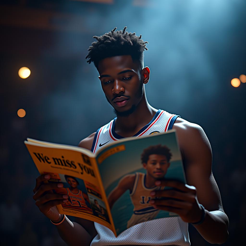  a basketball player reading a magazine, where the magazine has 'we miss you toby' hyperrealistic, full body, detailed clothing, highly detailed, cinematic lighting, stunningly beautiful, intricate, sharp focus, f/1. 8, 85mm, (centered image composition), (professionally color graded), ((bright soft diffused light)), volumetric fog, trending on instagram, trending on tumblr, HDR 4K, 8K