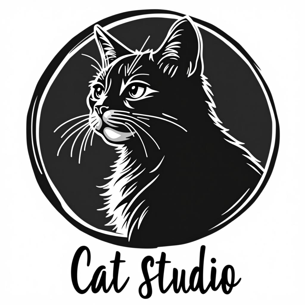  cat, text 'cat studio', (logo:1.15), black and white, hq, hightly detailed, 4k