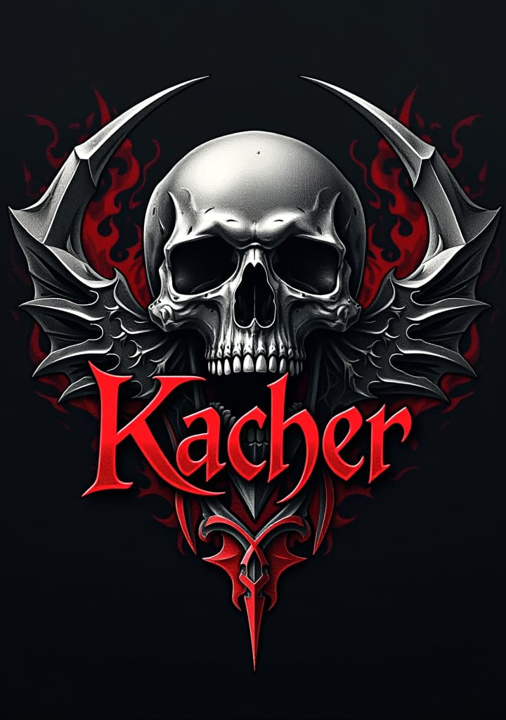  text "kacher", rock band typography, dark, metallic on fabric, rock show, evil style, skull, black tshirt backgroundhyper detail, intricate details, sharp focus, high resolution, 8k, ultra detailed, vib