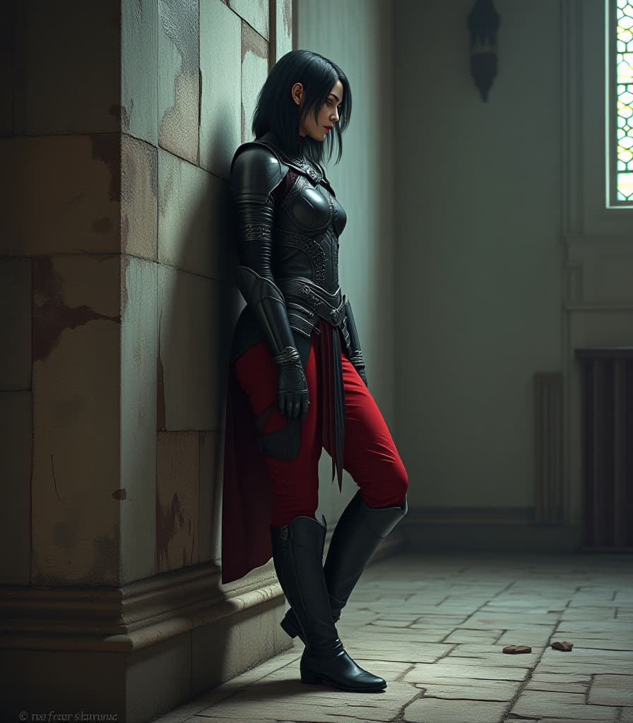  a young warrior woman, a dark elf with medium length black hair and pale skin, stands high against a wall in an abandoned church. he is dressed in black red leather armor, red pants and black leather high boots with a small heel. he's resting after a fight. dark fantasy. full height, side view, hyperdetail, 4k