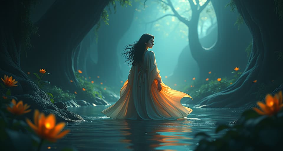  enchanting figure thriving in an abyss, surrounded by ethereal flora soaking in shadows. a glow of triumph in her eyes, wearing a robe of interwoven light and dark.. the style is digital art illustration,highly detailed, whimsical,magical, dreamlike atmosphere, realism and fantasy blend, smooth, glossy textures,luminous quality, wonder and enchantment.