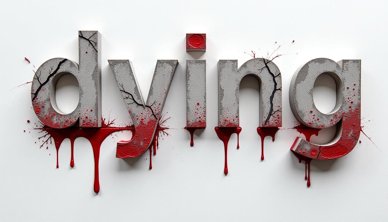  stacked papercut art of on a white background, concrete cracked letters with blood dripping down the words are written: "dying on the first line of light on the second line of the bottom 3 a large digit from the right of two other words . 3d, layered, dimensional, depth, precision cut, stacked layers, papercut, high contrast