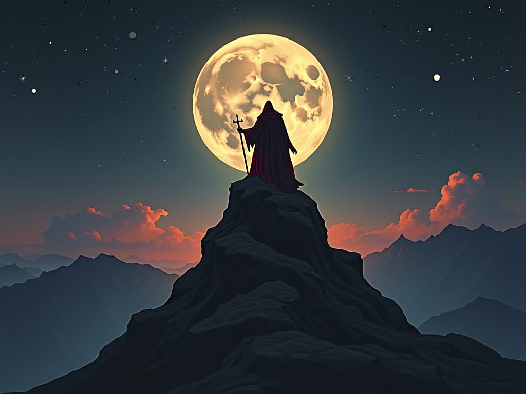  a wise hermit on top of a mountain, starry sky above, symbols of enlightenment and fulfillment glowing around, soft moonlight, a serene and contemplative mood.. the style is dark fantasy and mysterious occult, symbolic, moody lighting, esoteric vibe,high detail on character design. for the color scheme emphasize blacks and reds.