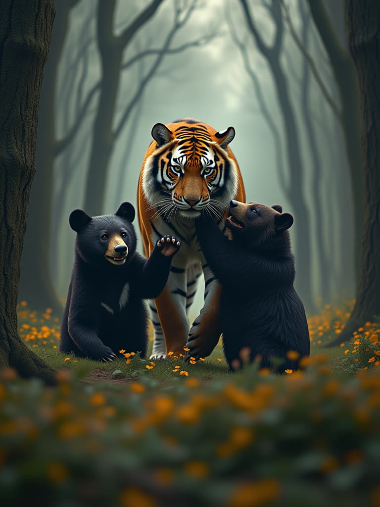  the woods, black bears fall, tiger wins photo realistic, highly intricate and detailed, masterpiece, ultra high res,photography,8k resolution