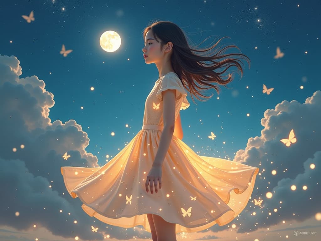  a cute girl with a luminous seen through dress, eyes shut, mouth closed, wind, sky, clouds, the moon, moonlight, stars, universe, fireflies, butterflies, lights, lens flares effects, swirly bokeh, brush effect, in style of yoji shinkawa, jackson pollock, wojtek fus, by makoto shinkai, concept art, celestial, amazing, astonishing, wonderful, beautiful, highly detailed, centered 🤖 bot @abhimg bot hyperrealistic, full body, detailed clothing, highly detailed, cinematic lighting, stunningly beautiful, intricate, sharp focus, f/1. 8, 85mm, (centered image composition), (professionally color graded), ((bright soft diffused light)), volumetric fog, trending on instagram, trending on tumblr, HDR 4K, 8K