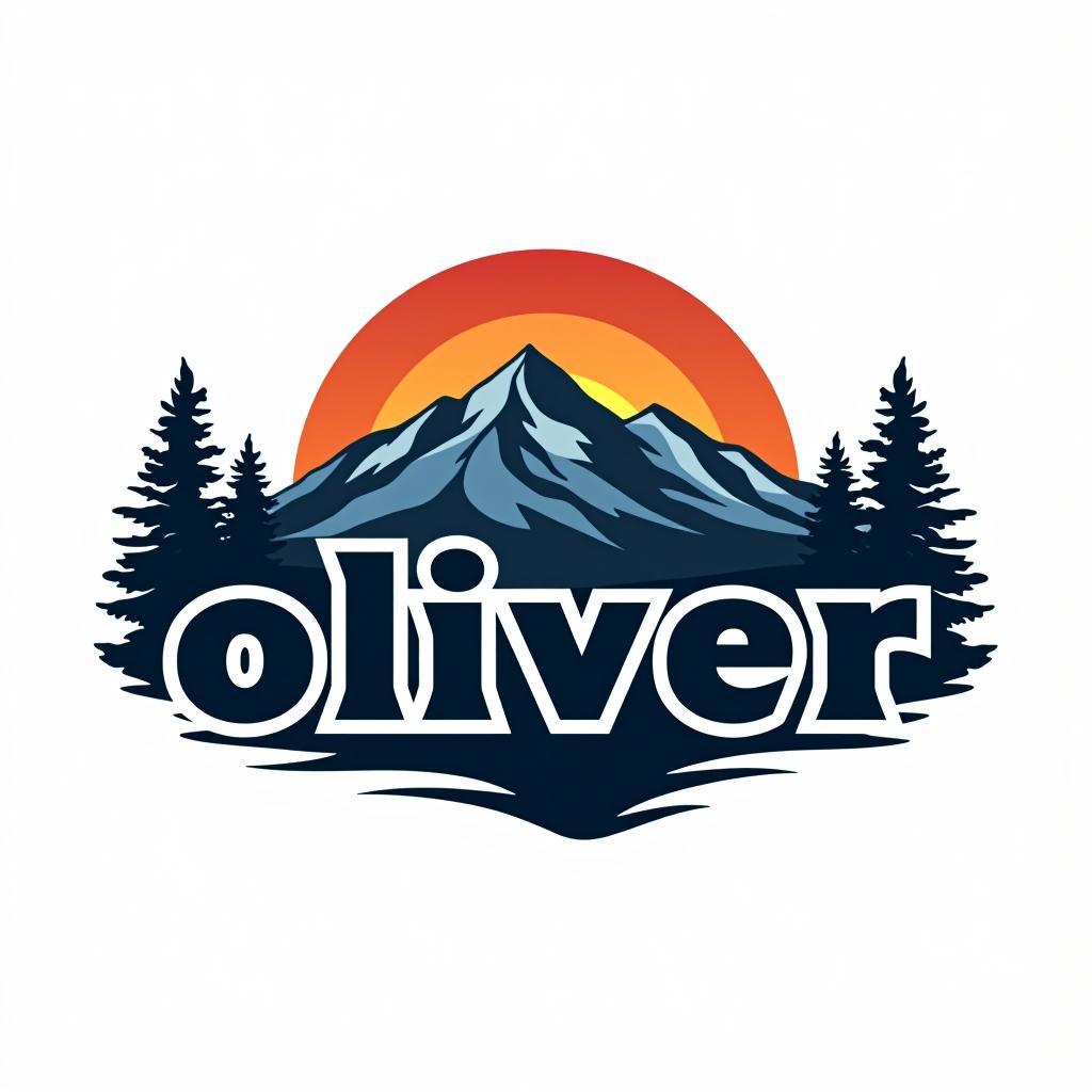  design a logo, custom sticker design on an isolated white background with the bold words ‘oliver’ with a backdrop of a mountain range, and silhouettes of pine trees at sunset