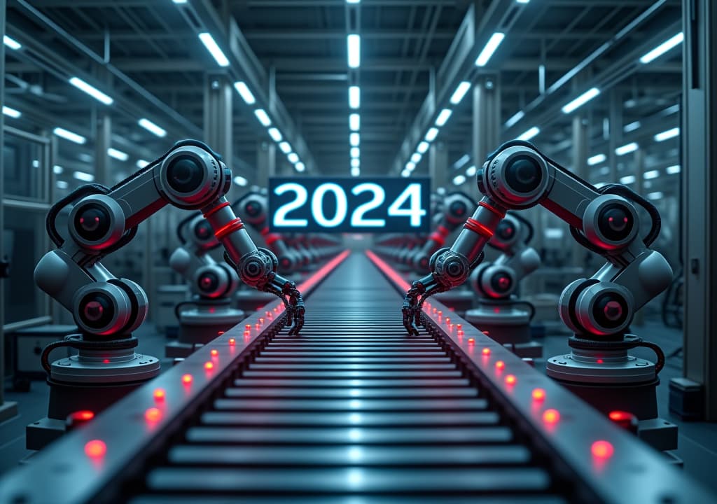  an assembly line in a high tech factory, where raw code enters one end and fully tested, bug free mobile apps emerge from the other. robotic arms and ai powered scanners work along the line, with a giant '2024' display monitoring overall quality metrics.