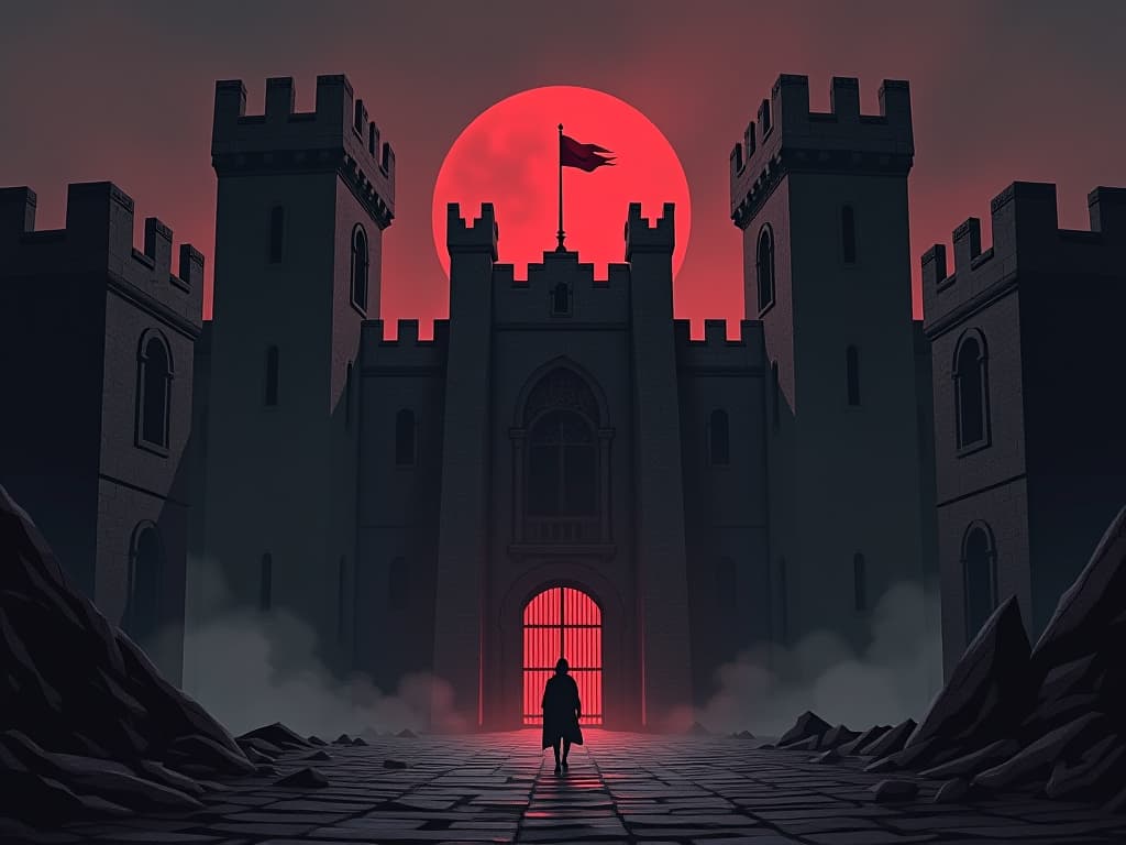  castle with red flag, towering walls, heavy gates closed, sense of protection and isolation. the style is digital art illustration / modern comic book / graphic dark novel fantasy and mysterious occult, symbolic, moody lighting, esoteric vibe,high detail on character design. for the color scheme emphasize blacks and reds.