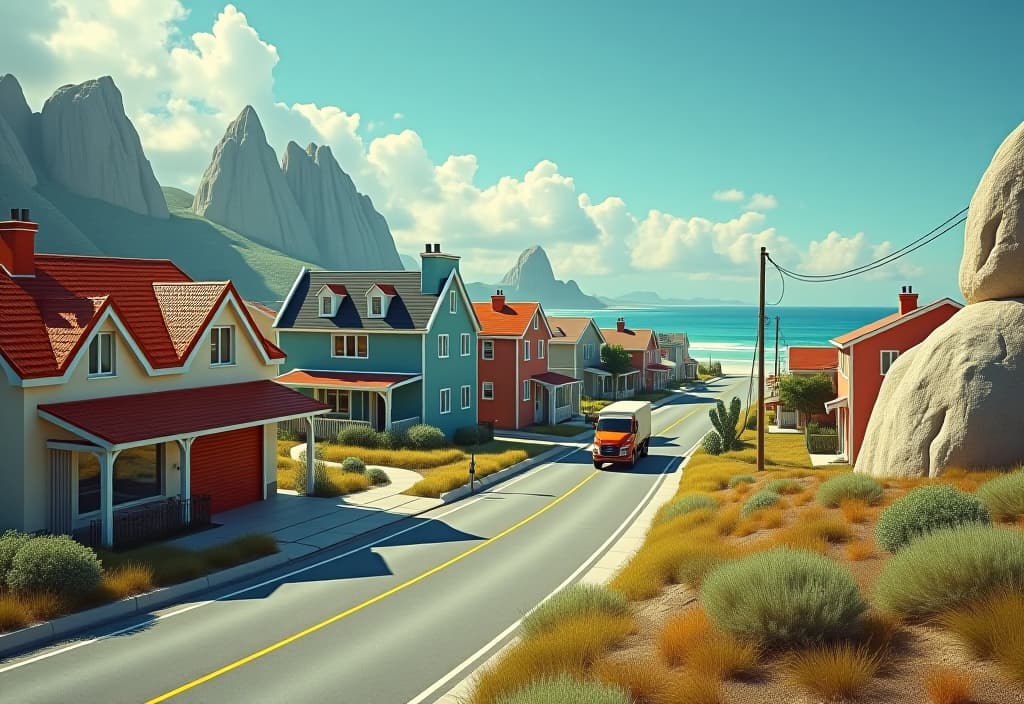  retro futuristic town, big houses with different roofs, rock roads, shops, truck on the road, see sea shores, blue sky with white clouds, fairy tales, anim, multfilm . vintage sci fi, 50s and 60s style, atomic age, vibrant, highly detailed hyperrealistic, full body, detailed clothing, highly detailed, cinematic lighting, stunningly beautiful, intricate, sharp focus, f/1. 8, 85mm, (centered image composition), (professionally color graded), ((bright soft diffused light)), volumetric fog, trending on instagram, trending on tumblr, HDR 4K, 8K