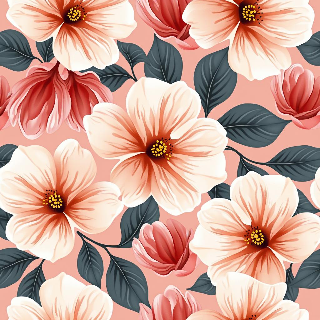  create a seamless digital design featuring a pattern of large, beautiful flowers with soft, watercolor like effects. the flowers should cover the entire surface, creating a bold, elegant, and continuous look. the overall style should be light and airy, with delicate leaves and petals to enhance the natural, floral theme. the design should be seamless to ensure it can be used in repeating patterns or wraps.