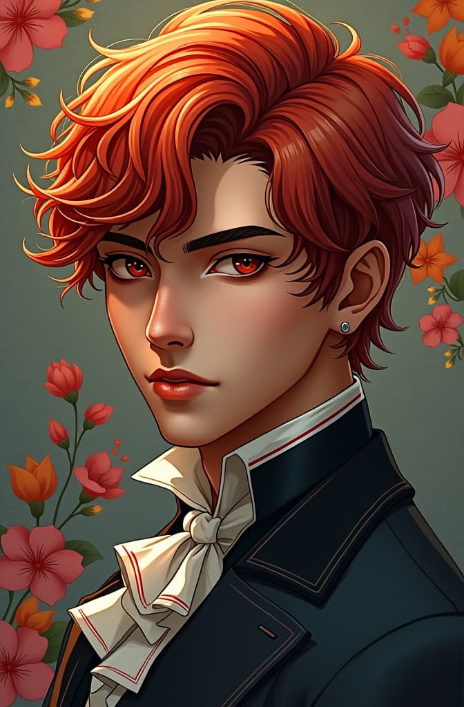  hombre joven de cabello pelirrojo, colmillos y ojos completamente negros aspecto de 1890, multicolored hair, colorful background, realistic shaded perfect face, fine details by realistic shaded lighting poster by ilya kuvshinov katsuhiro otomo, magali villeneuve, artgerm, jeremy lipkin and michael garmash and rob rey hyperrealistic, full body, detailed clothing, highly detailed, cinematic lighting, stunningly beautiful, intricate, sharp focus, f/1. 8, 85mm, (centered image composition), (professionally color graded), ((bright soft diffused light)), volumetric fog, trending on instagram, trending on tumblr, HDR 4K, 8K