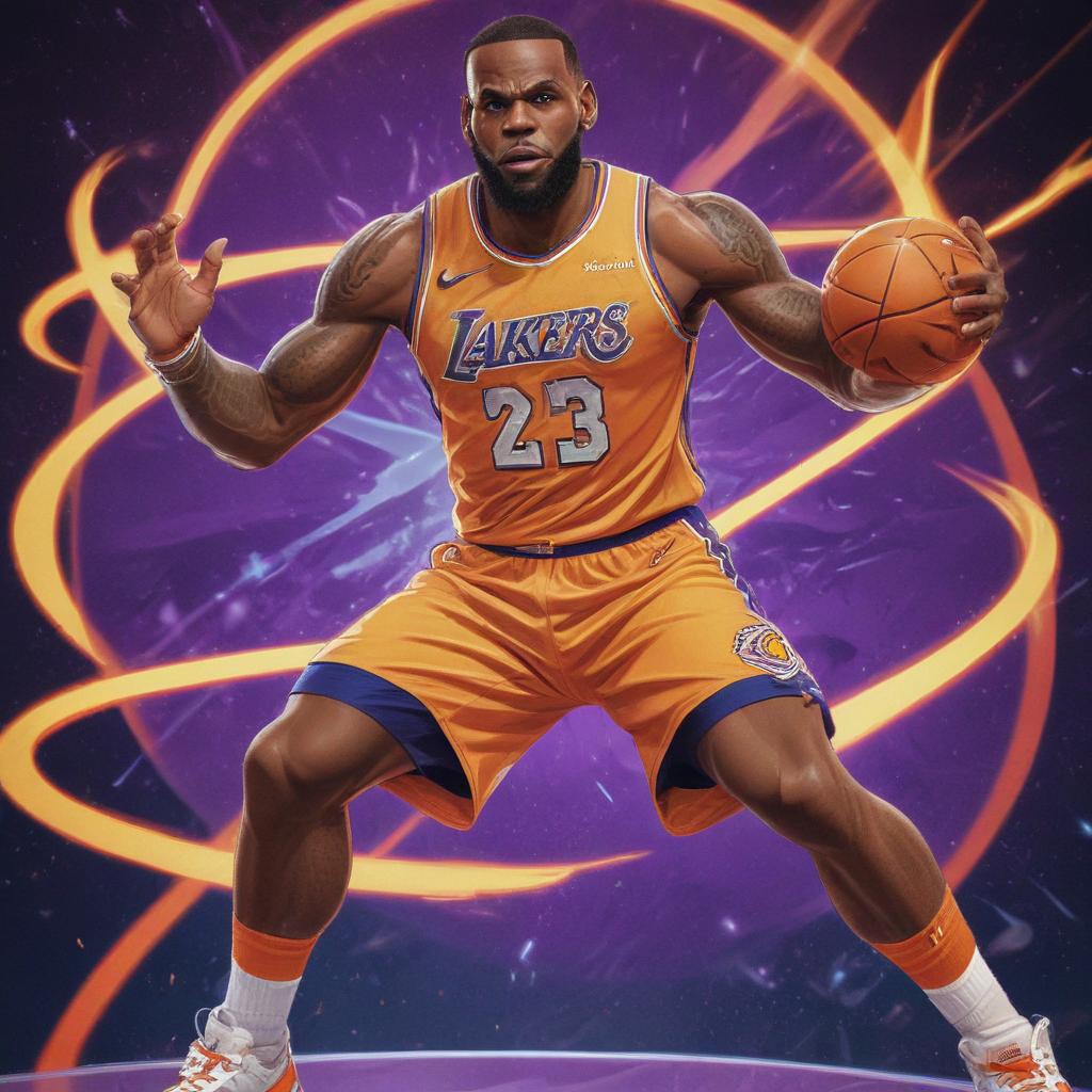 distance-shot, flashy, full-body, dynamic, holographic, animated cartoon poster of lebron james in the style of dragon ball super