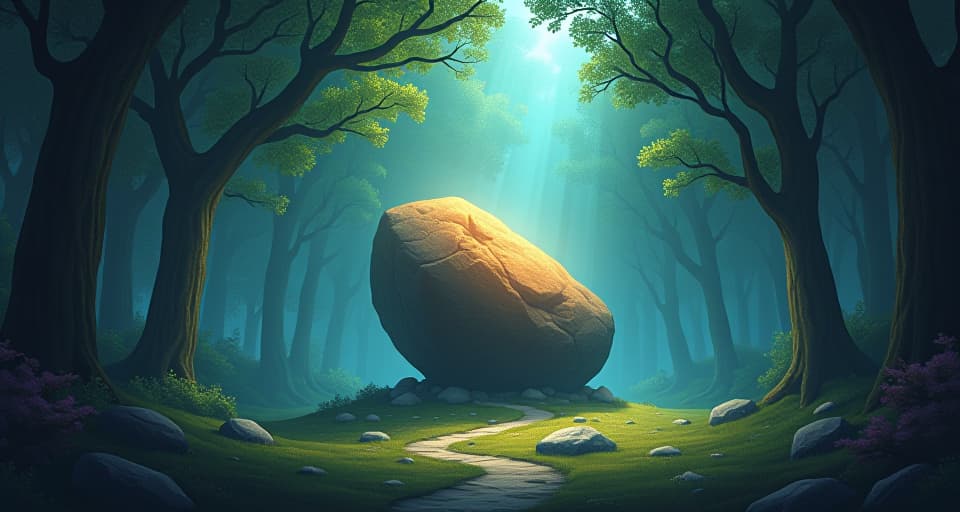  a serene forest glade with a glowing, immovable boulder in the center. despite the swirling winds, the boulder stands firm.. the style is digital art illustration,highly detailed, whimsical,magical, dreamlike atmosphere, realism and fantasy blend, smooth, glossy textures,luminous quality, wonder and enchantment.