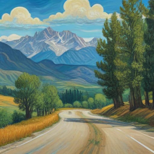 Mountains, trees, field, winding road, car in Van Gogh style with Mountains background