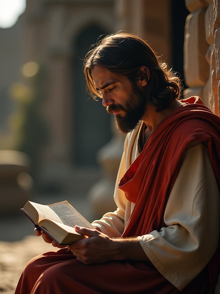  jesus reading bible, poor people's crying and watching, realistic, old time ad 30 timezone, portrait, outdoor, old church background hyperrealistic, full body, detailed clothing, highly detailed, cinematic lighting, stunningly beautiful, intricate, sharp focus, f/1. 8, 85mm, (centered image composition), (professionally color graded), ((bright soft diffused light)), volumetric fog, trending on instagram, trending on tumblr, HDR 4K, 8K