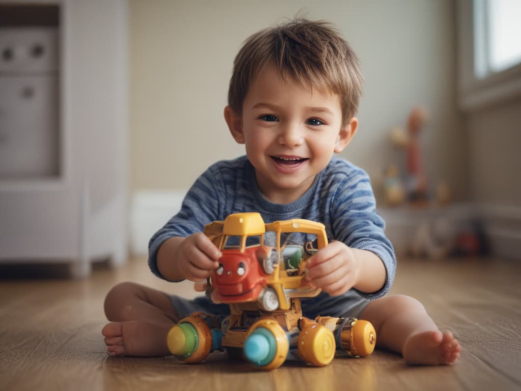 ultra realistic ((ultra realistic ((a child happily playing with another toy after losing one)))) hyperrealistic, full body, detailed clothing, highly detailed, cinematic lighting, stunningly beautiful, intricate, sharp focus, f/1. 8, 85mm, (centered image composition), (professionally color graded), ((bright soft diffused light)), volumetric fog, trending on instagram, trending on tumblr, HDR 4K, 8K