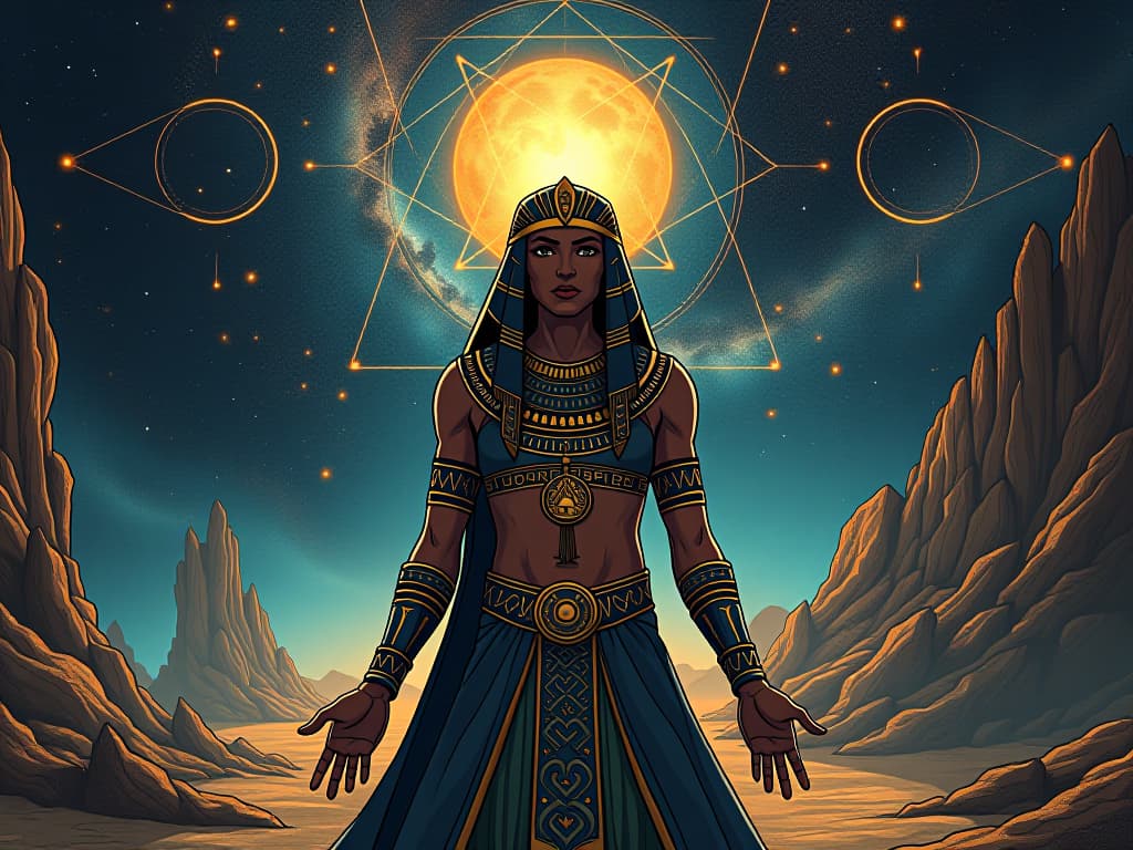  intricately woven cosmic tapestry, star constellations forming patterns, a background of swirling galaxies, symbolizing different wavelengths and cosmic harmony, ethereal glow. the style is digital art illustration / modern comic book / mysterious occult, symbolic, esoteric vibe,high detail on character design, incorporating ancient egyptian symbology and attire.