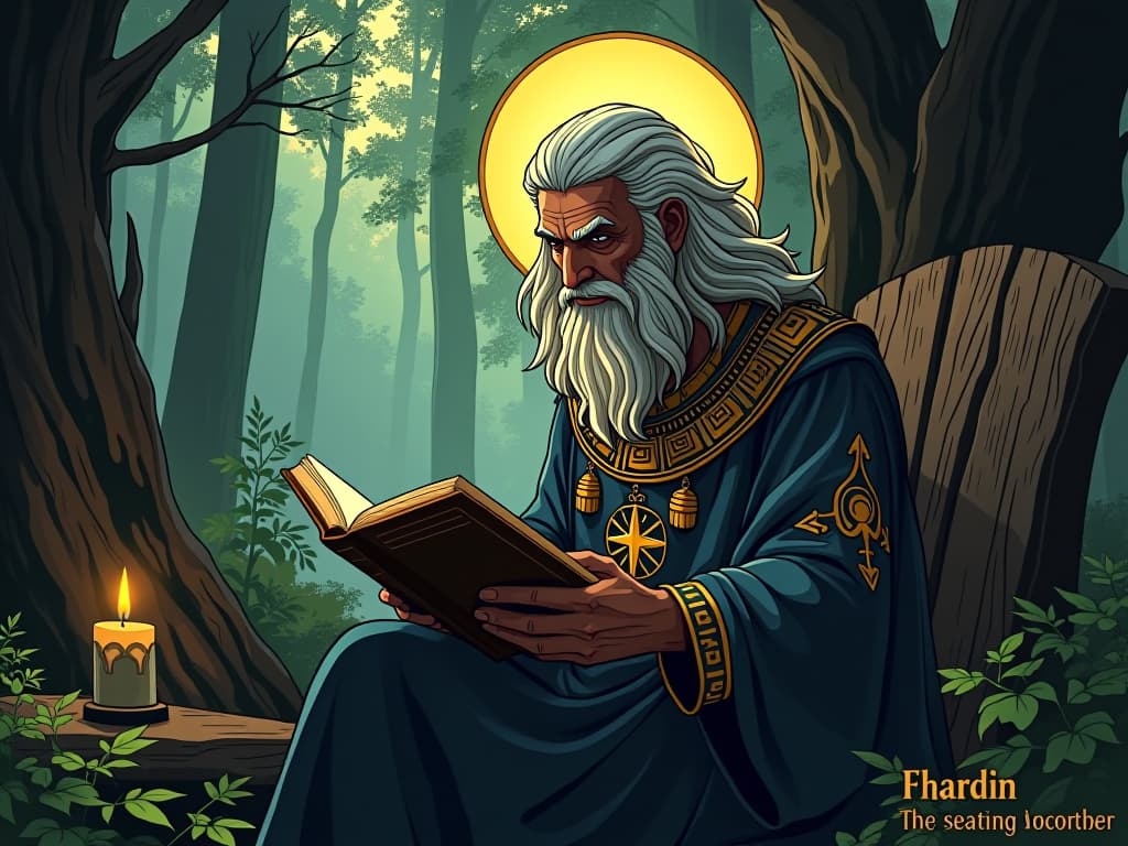  st. seraphim, in his forest hermitage, delving into biblical texts, seeking divine wisdom, air of quiet determination and spiritual questing. the style is digital art illustration / modern comic book / mysterious occult, symbolic, esoteric vibe,high detail on character design, incorporating ancient egyptian symbology and attire.